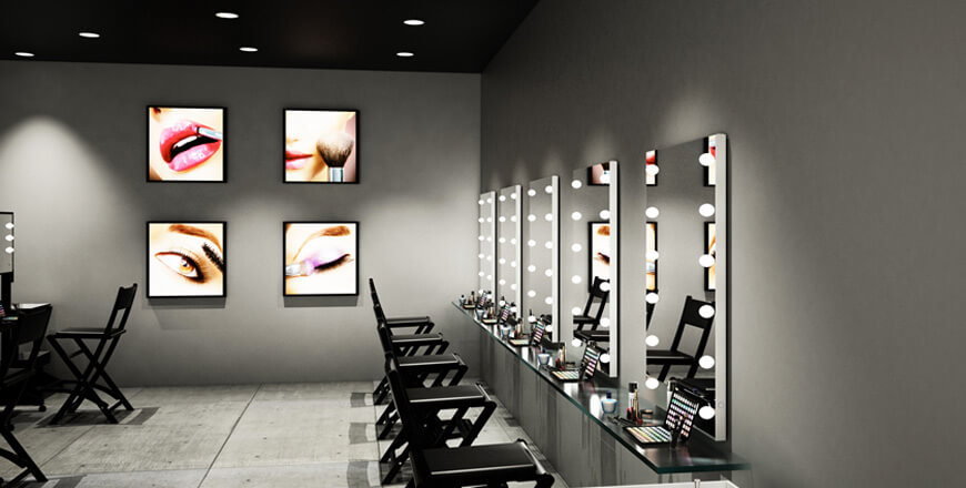 Arredo scuola trucco con specchi MDE505, sedie trucco S104 e pannelli retroilluminati MPH