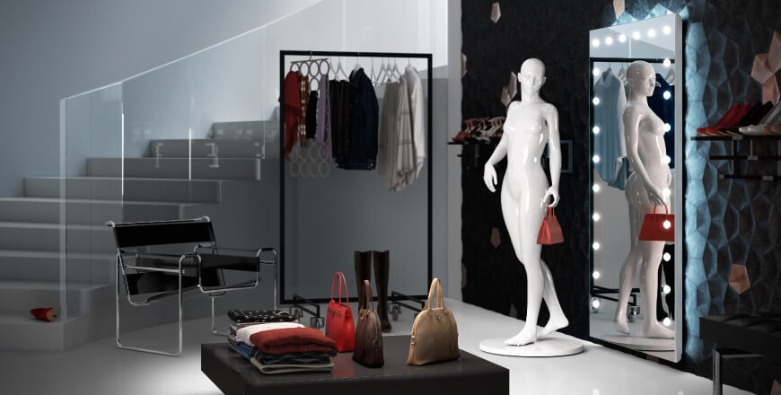 Specchio con luci figura intera per negozio abbigliamento