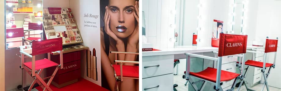 Sedie trucco personalizzate per Clarins