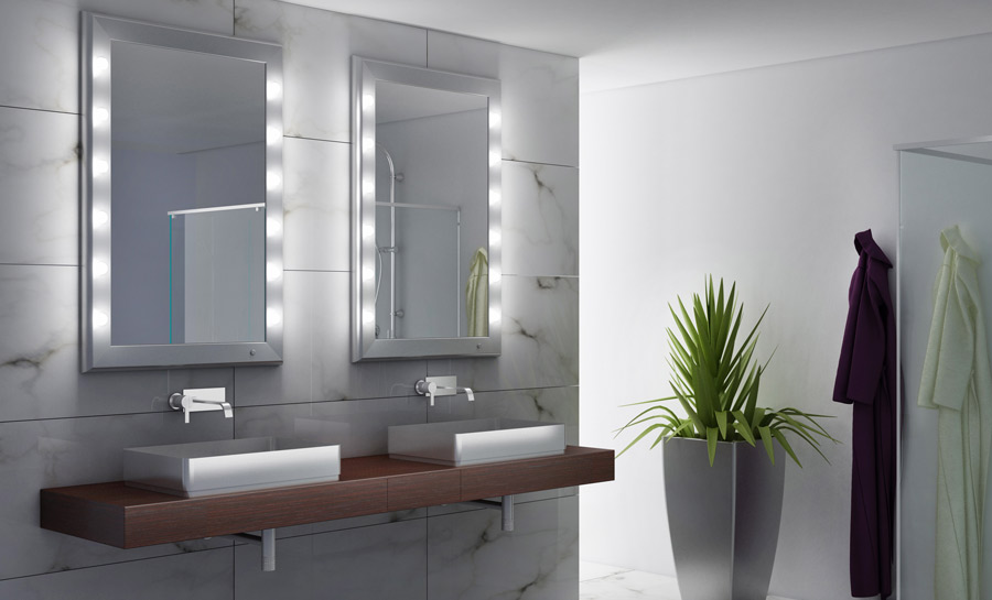 Specchi con luci in bagno con lavabo doppio