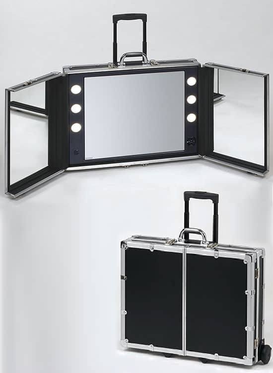Specchio orizzontale a tre ante portatile, con trolley ruote incorporato